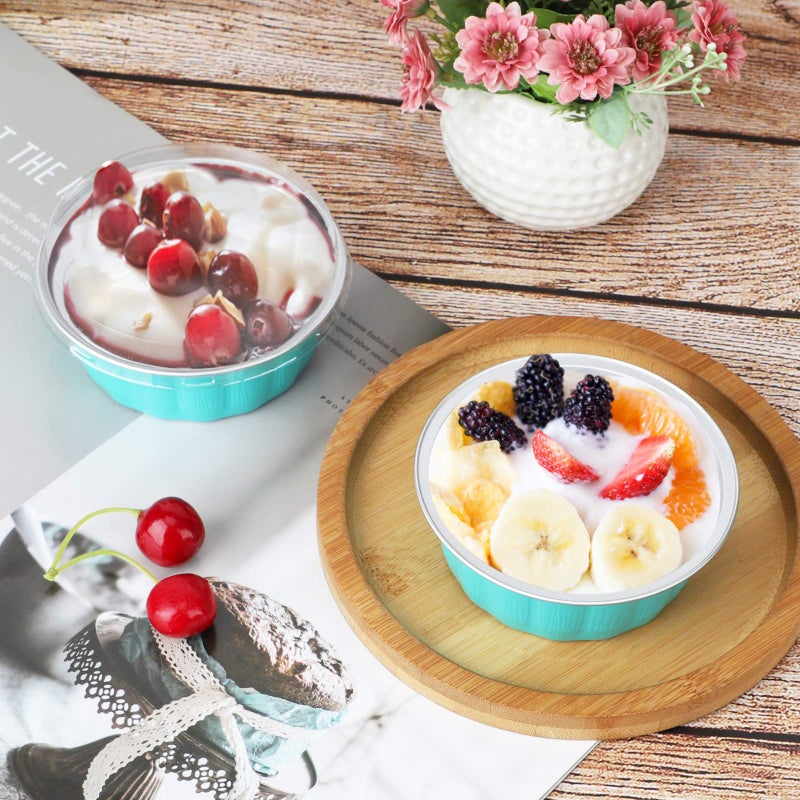 Beasea 8 oz 50 Pack Disposable Ramekins with Lids, Aluminum Cups for Baking Elegant Blue Aluminum Foil Cups Creme Brulee Muffin Cupcake Baking Cup Mini Pudding Cups for Party Wedding Birthday - Image 5